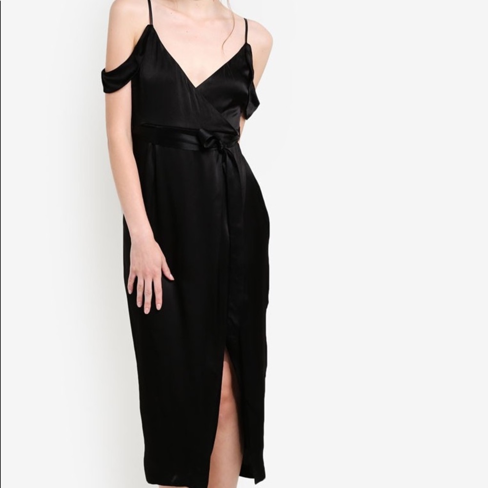 Black Bardot Satin midi dress
